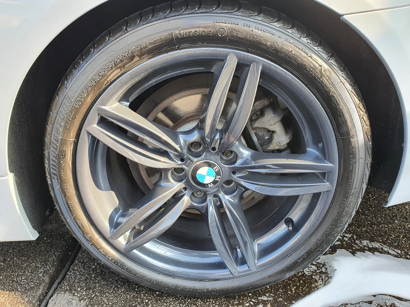 Alloy wheel and tyre detail on a BMW